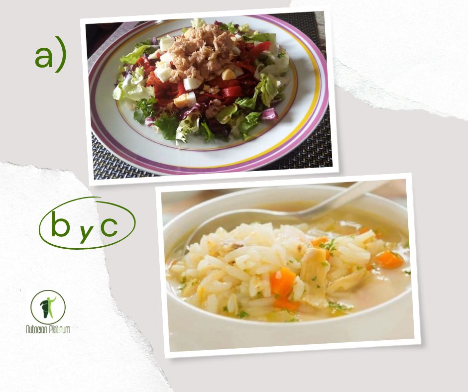 Ensalada de pimientos asados atún y huevo con sopa de arroz, patatas y pollo